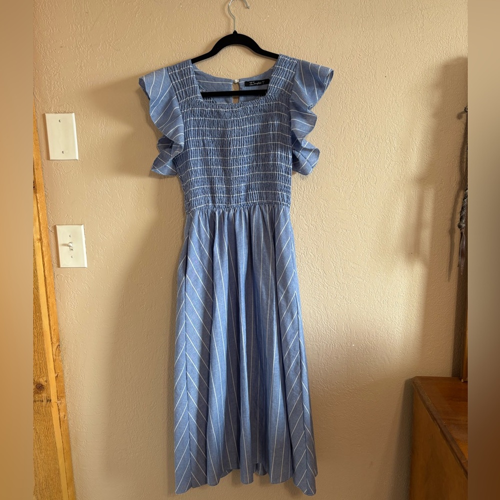 Blue and white stripe smocked midi dress